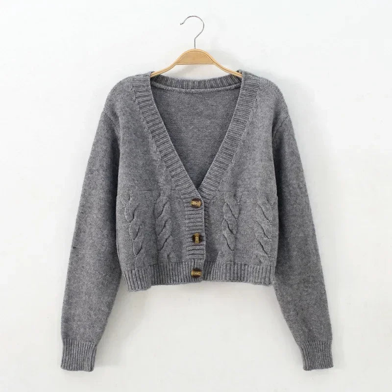Women Long-Sleeve Cardigan Knitted Sweater Open Stitch V-Neck