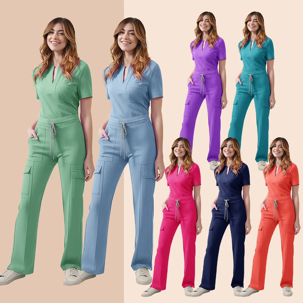 Medical Scrubs Uniform Women Nurse Scrub Set Pocket Top+Pants 2 Piece Suit