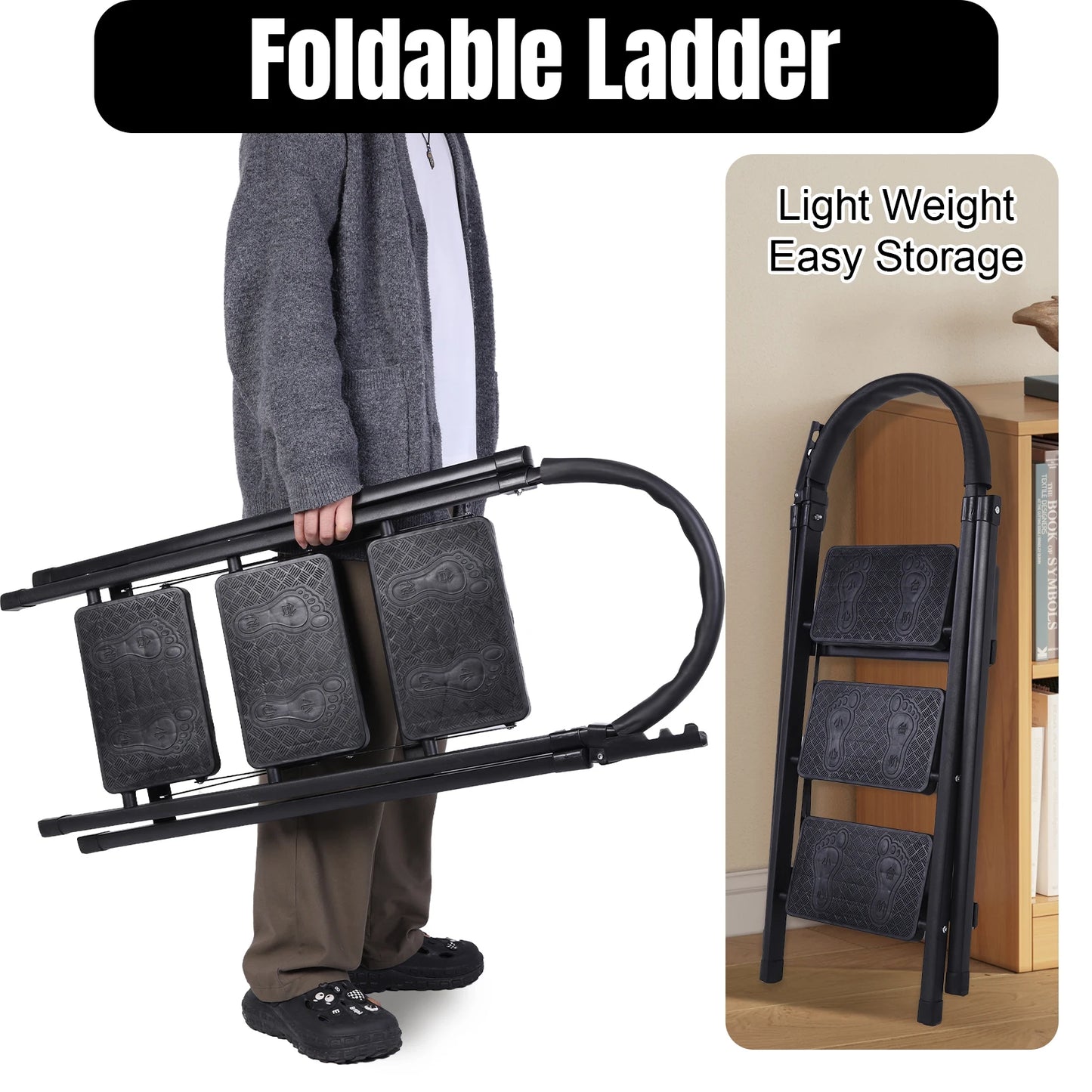 3 Step Folding Ladder Sturdy Portable Stepping Stools 330lbs Capacity