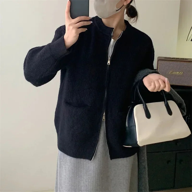 Cozy Knit Cardigan Jacket With Double Zipper For Autumn Winter