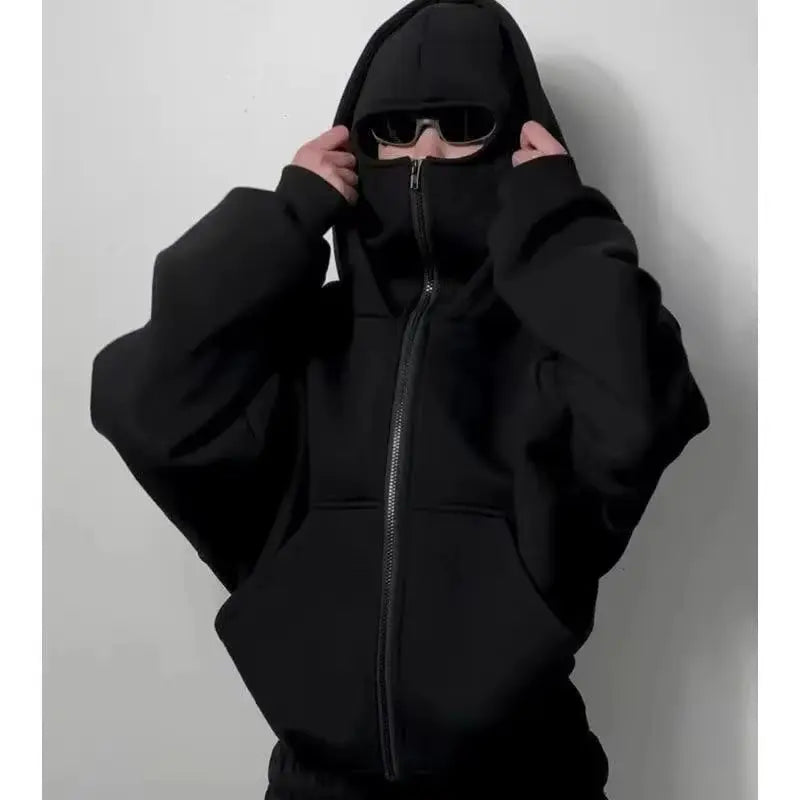Men Hip Hop Double Hat Balaclava Hoodie Windproof Zipper Face Mask Sweatshirt