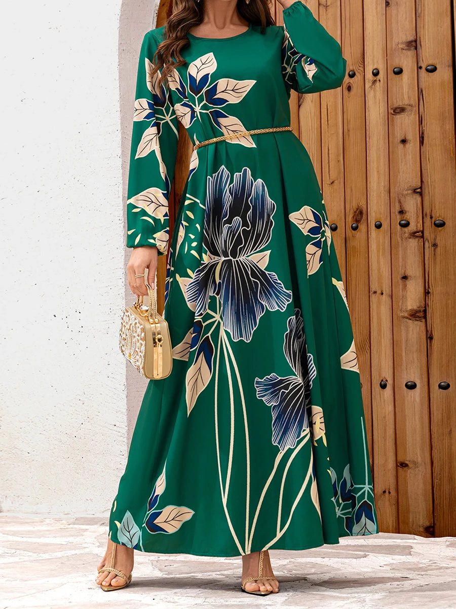 Elegant Velvet Floral Maxi Dress With Flowing Silhouette And Sleeves