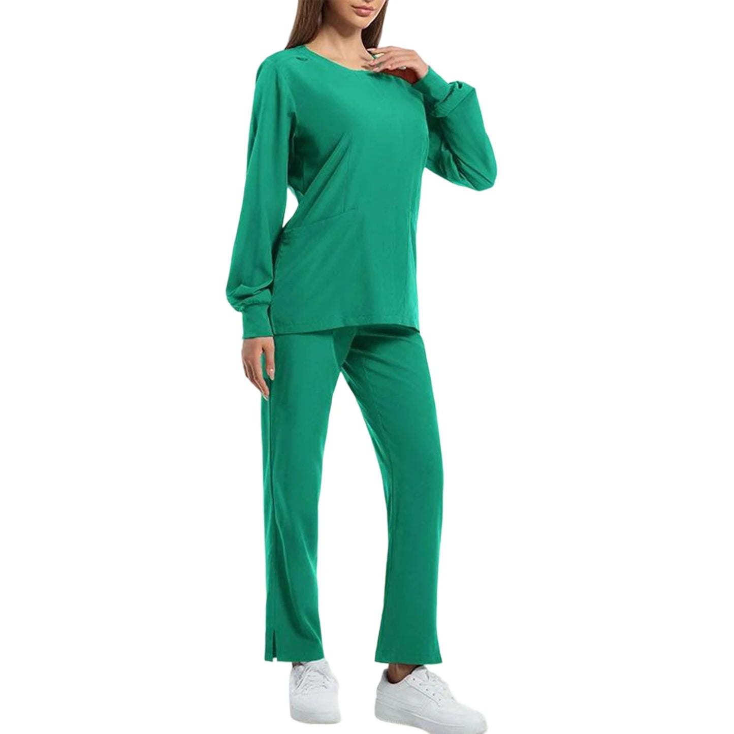 Women's Nurse Scrub Set Round Neck Long Sleeve Multi-Color Split Hem Pants Multi-Pocket