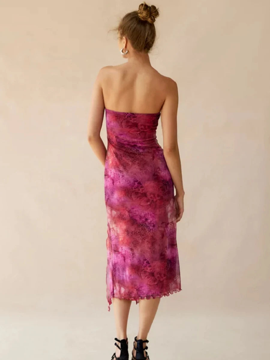 Women Floral Mesh Dress Summer Backless Strapless Split Party Dress