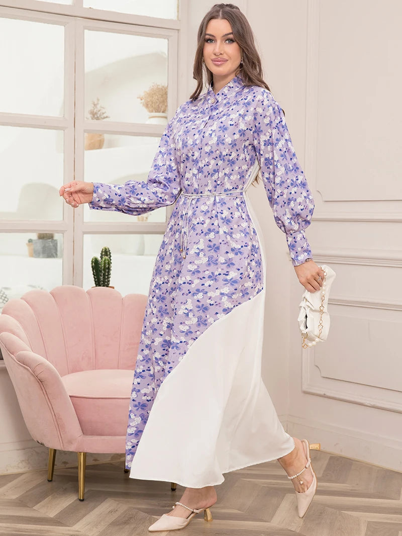 Elegant Floral Print High Neck Contrast Color Belted Shirt Sleeve Long Dress -