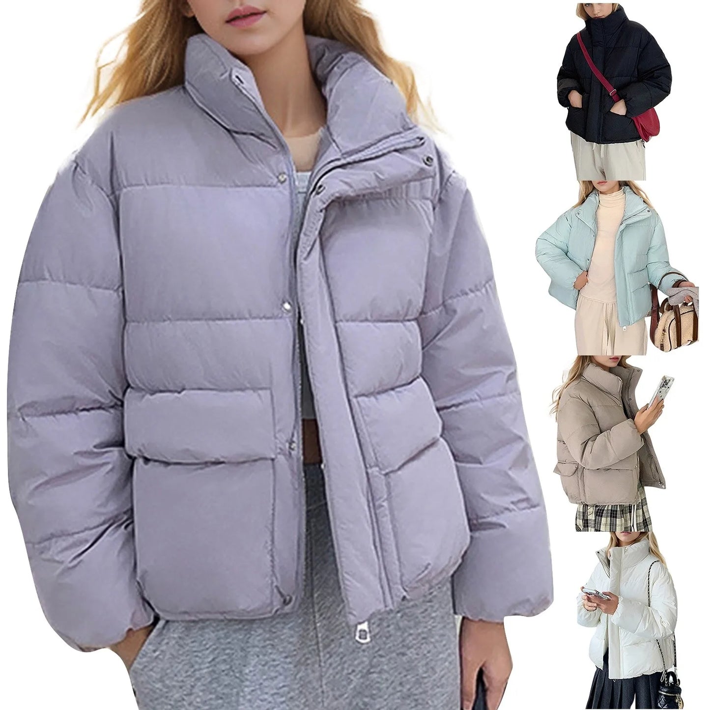 Women's Down Cotton Coat Short Stand-up Collar Autumn/winter Solid Color