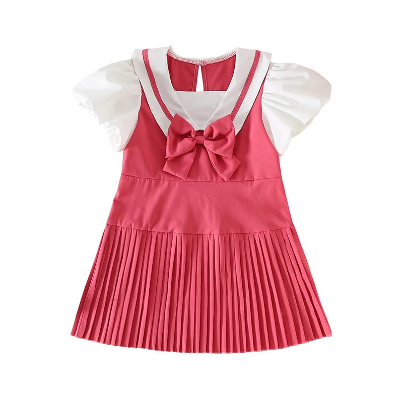 Youthful Girl s Summer Dress with Short Puff Sleeves V-Neckline and Bow Detail