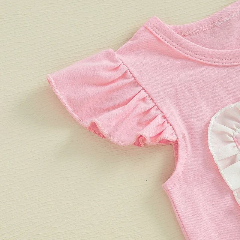 Girls Floral Print Ruffle Sleeve Top and Denim Shorts Set with Bow Detail -