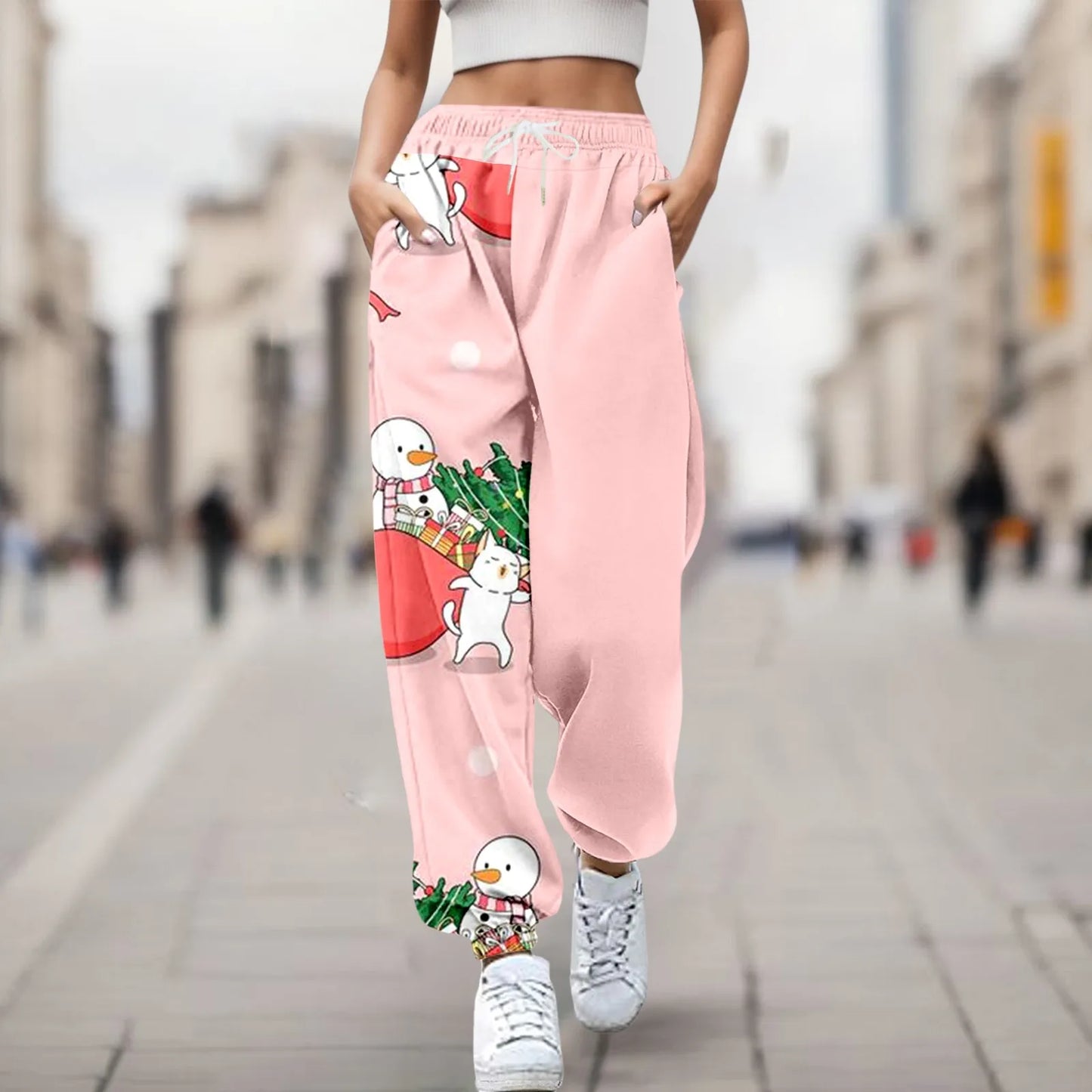 Merry Christmas Pants For Women Fashion Trousers Cartoon Reindeer Print