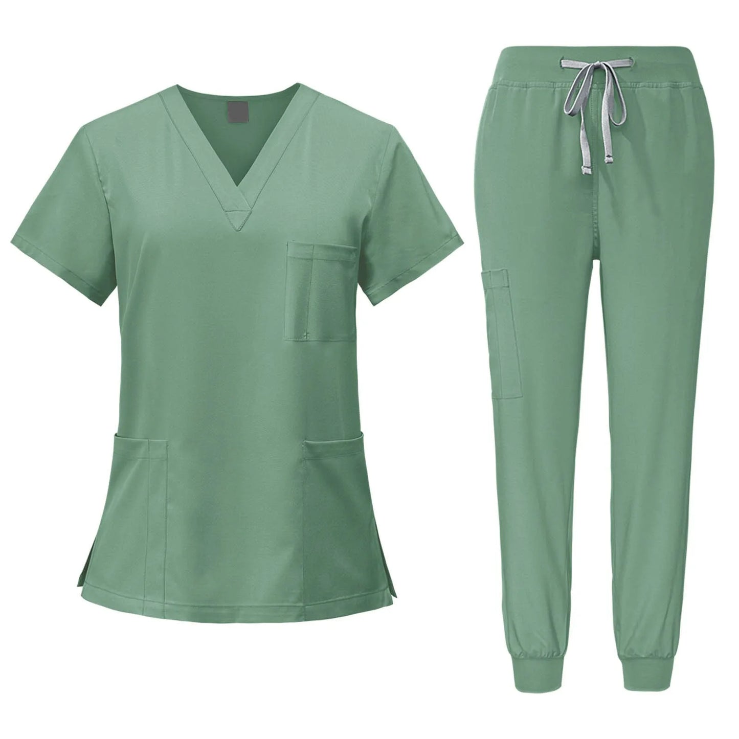 V Neck Medical Nursing Uniform Set With Drawstring Jogger Pants