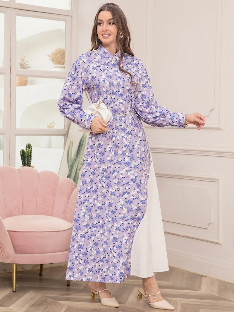 Elegant Floral Print High Neck Contrast Color Belted Shirt Sleeve Long Dress -