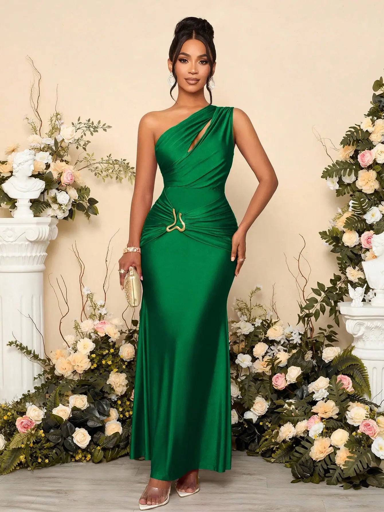 Women's Solid Color Hollow Asymmetric Neck Metal Decorated Bodycon Dress