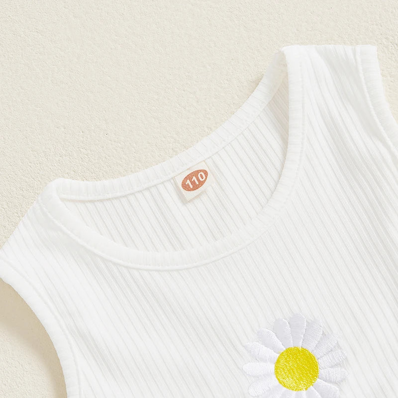 Floral Embroidered Sleeveless Tulle Dress with Round Neckline for Little Girls -