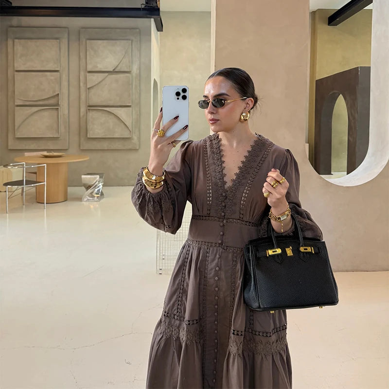 Lace Long Dresses Women Hollow Out V-neck Full Puff Sleeves Loose A line Dress