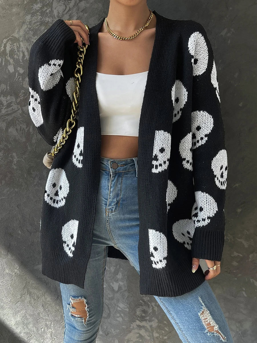 Women Halloween Skull Knit Cardigan Open Front Long Sleeve