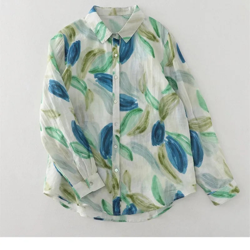 Women Cotton Linen Floral French Artistic Print Shirt Top For Autumn