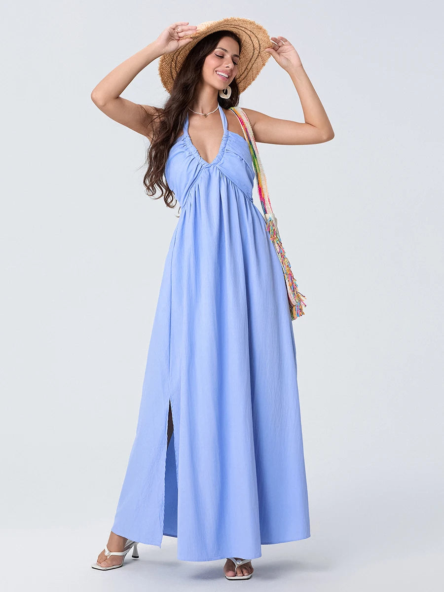 Women Summer Casual Long Dress Solid Color Tie-Up Halter Neck Sleeveless
