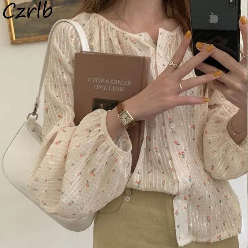 Chiffon Shirts Women Summer Floral Printing Girls Long Lantern Sleeve