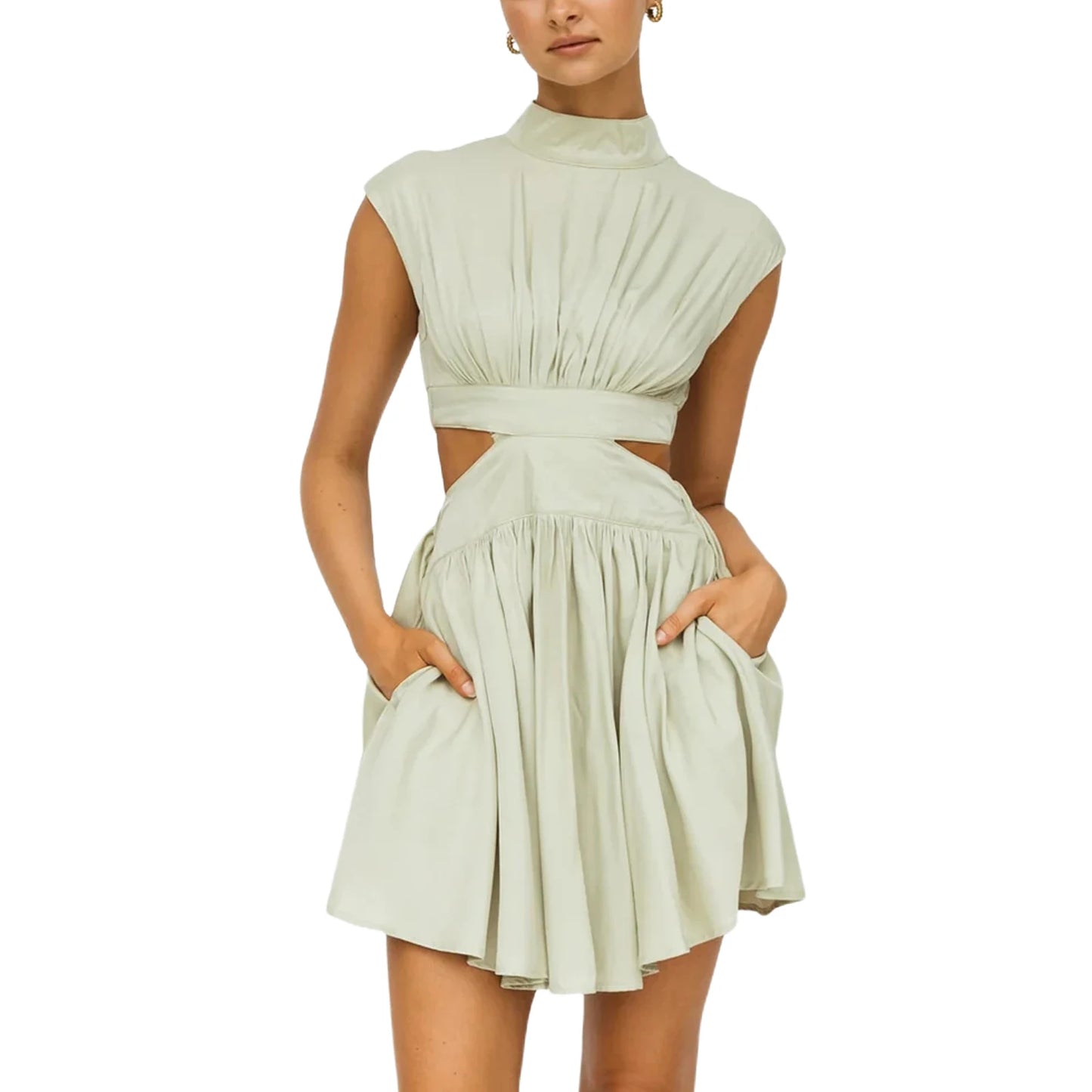 Women Velvet Stand Collar Pleated Party Dress Evening