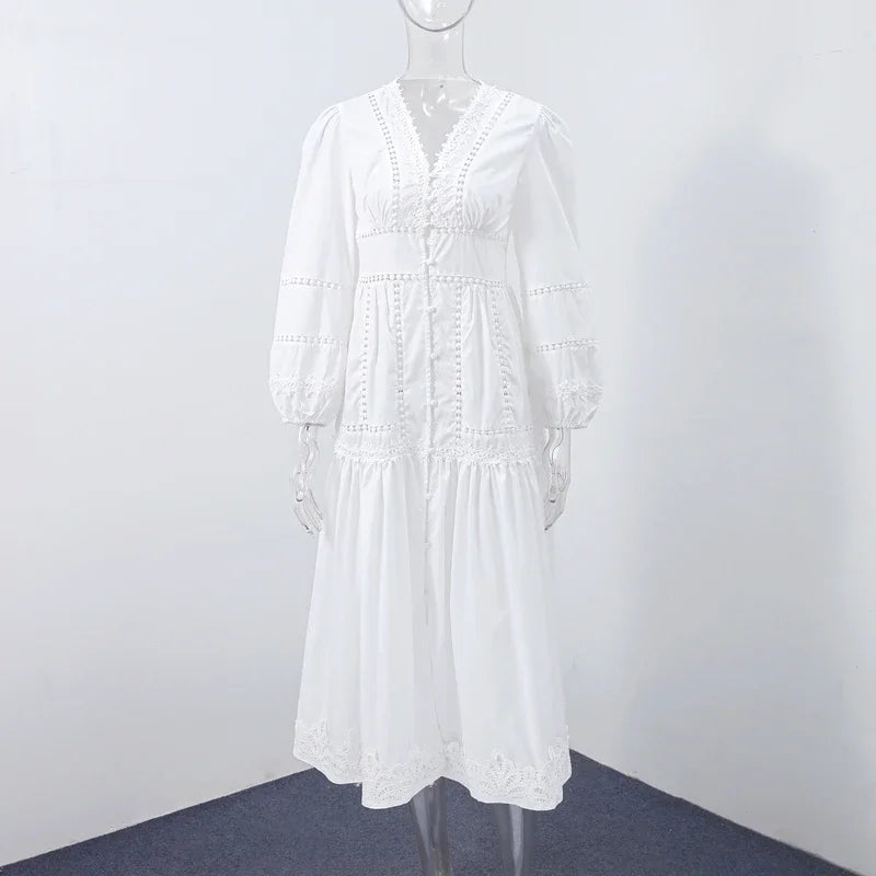 Lace Long Dresses Women Hollow Out V-neck Full Puff Sleeves Loose A line Dress