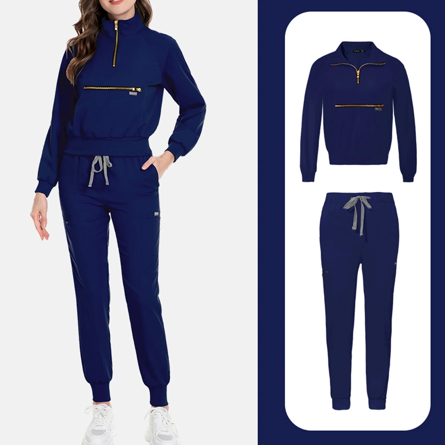 Scrub Set Stand Collar Zipper Long Sleeve Multi Pocket Professional