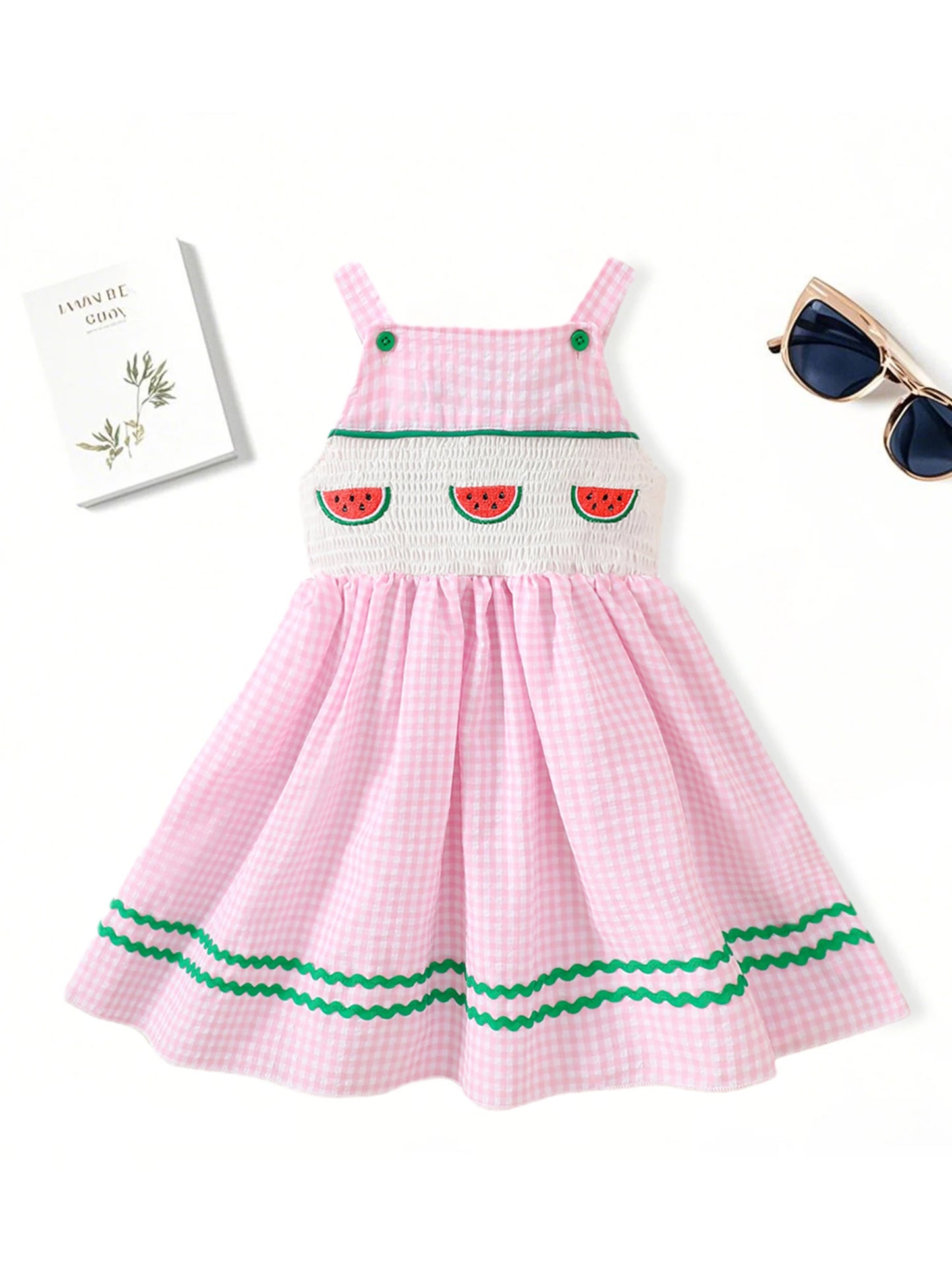 Girls Sleeveless Watermelon Embroidered Plaid Dress with Ric-Rac Trim -