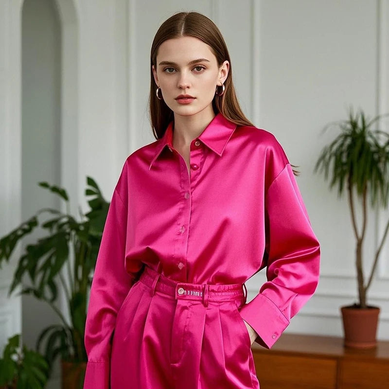 Korean Office Lady Satin Blouse Shirt For Women Casual Chic