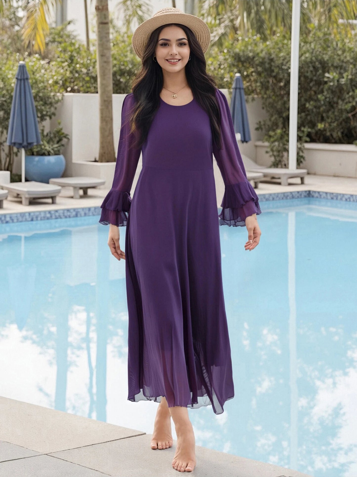 Elegant Velvet O-Neck Long Sleeve Flowing Dress For Women