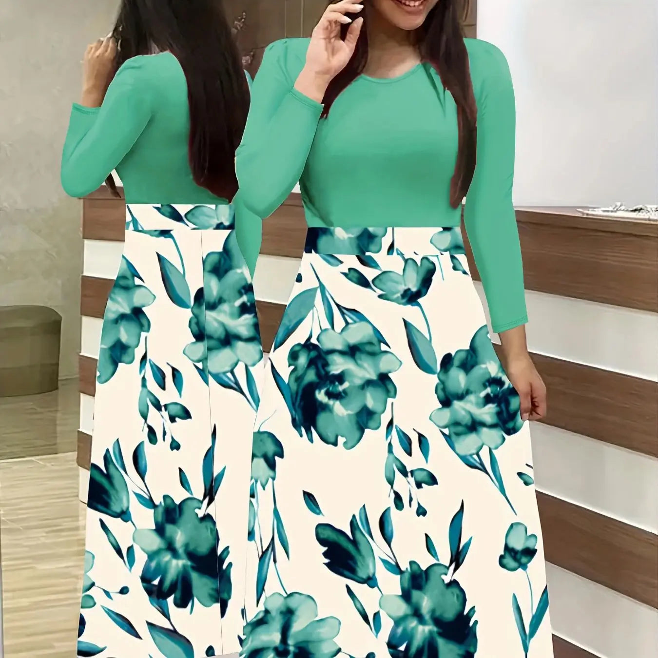 Plus Size Women's Dress Flower Print Round Neck Long Sleeve Elegant Dress