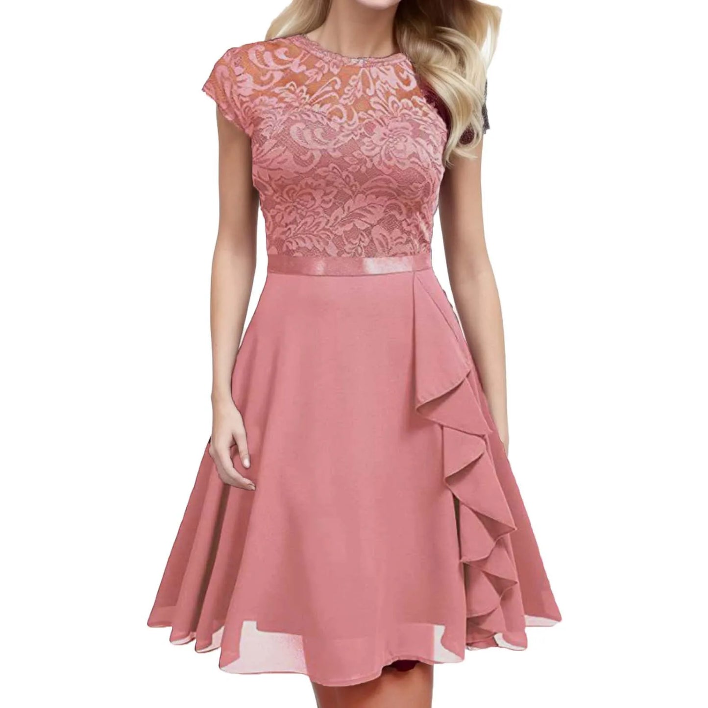 Women Cocktail Dress With Lace And Crew Neck Short Sleeves