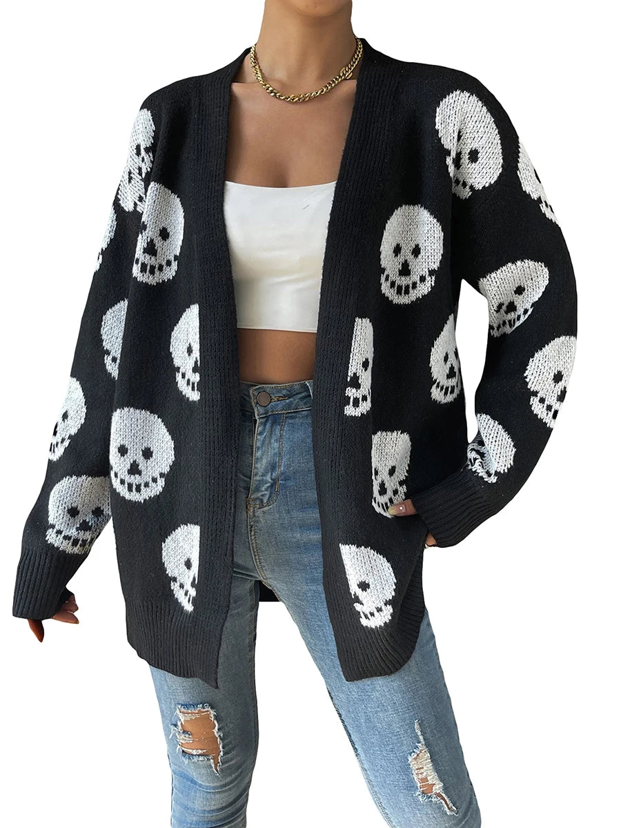 Women Halloween Skull Knit Cardigan Open Front Long Sleeve