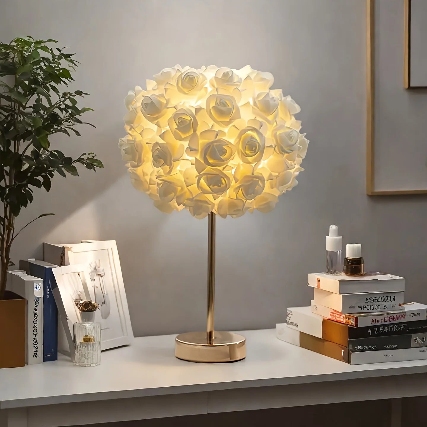 High End LED Table Lamp With Rose Flower Shade And Polished Metal Base