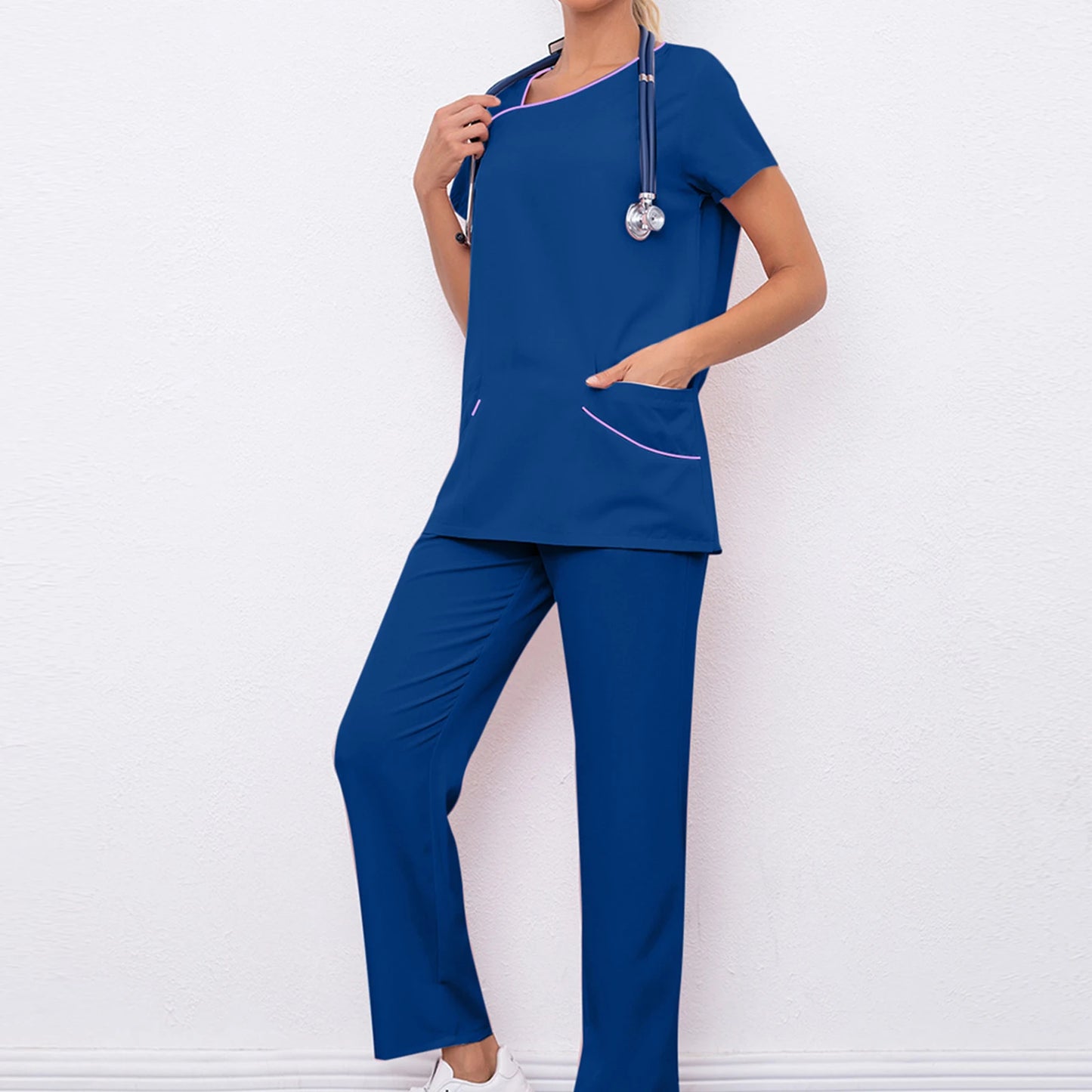 Women's Nurse Scrub Set Asymmetric Neck Short Sleeve Multi-Color Contrast Pocket Long Pants Medical Cozy Professional Workwear
