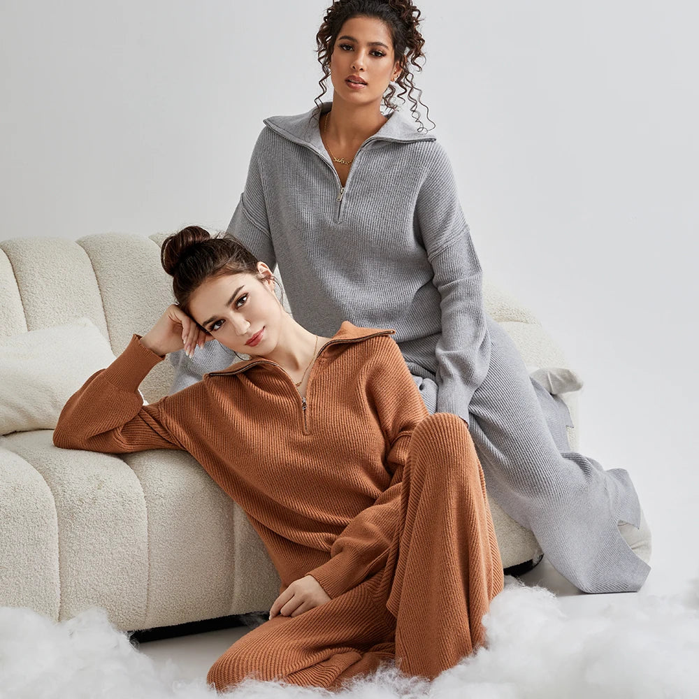 Two Piece Lounge Set Tracksuit Oversized Zip Pullover Polo Neck