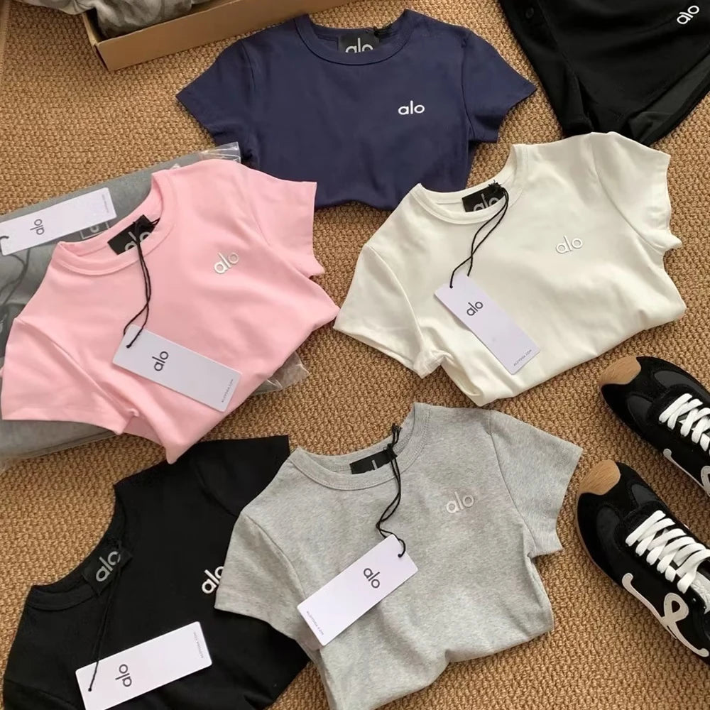 ALO Letter Printing T Shirt Women Clothes Sports Slim Fit