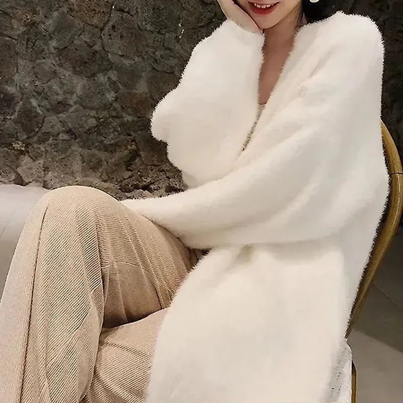 Fluffy Knitted Long Sleeve Cashmere Cardigan For Women Winter