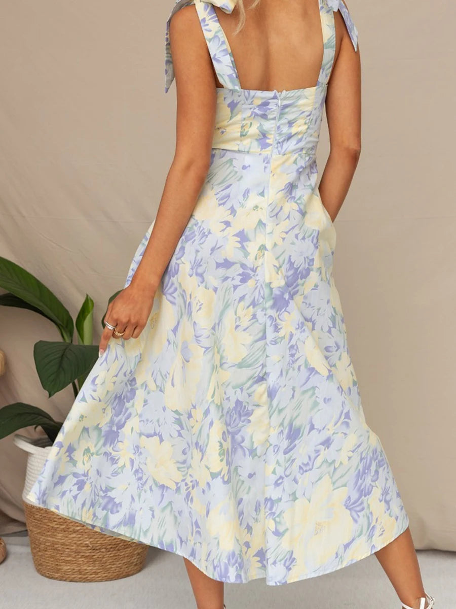 Women Sling Dress Sleeveless Low-cut Tie-up Flower Print Summer Long Dress