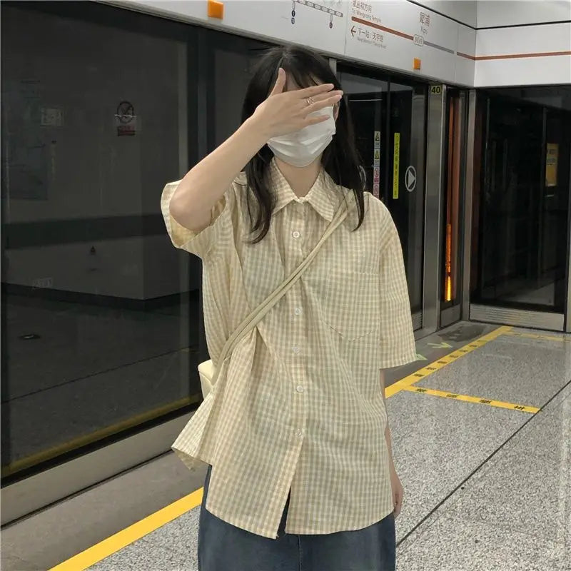 Plaid Shirts for Women Youthful Commuting Fresh Pocket Summer Short Sleeve