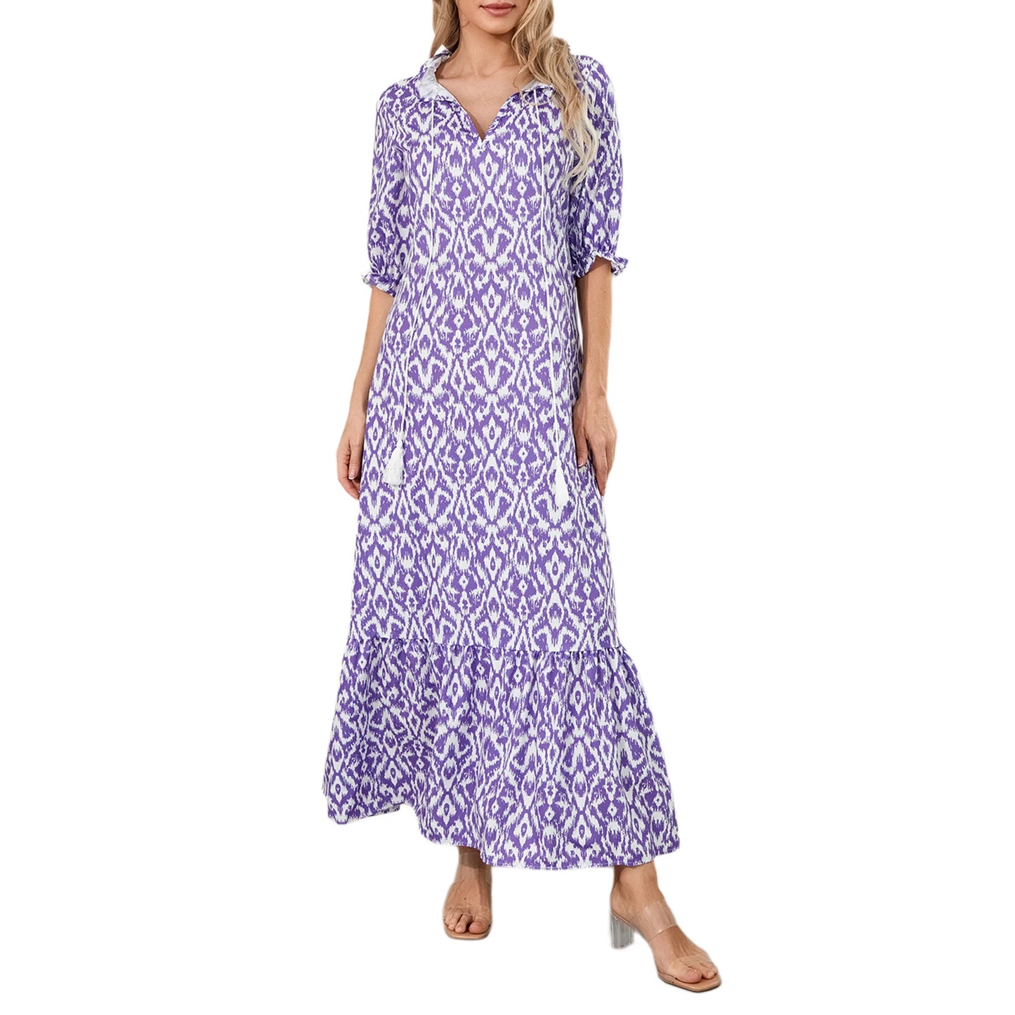 Women Long Dress Elegant Short Sleeve V Neck Flower Graphic Print