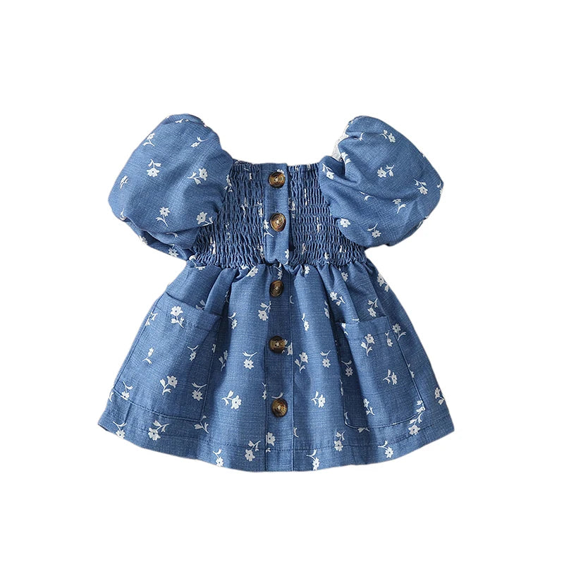 Girls Summer Floral Print Off Shoulder A-line Dress with Short Puff Sleeves -