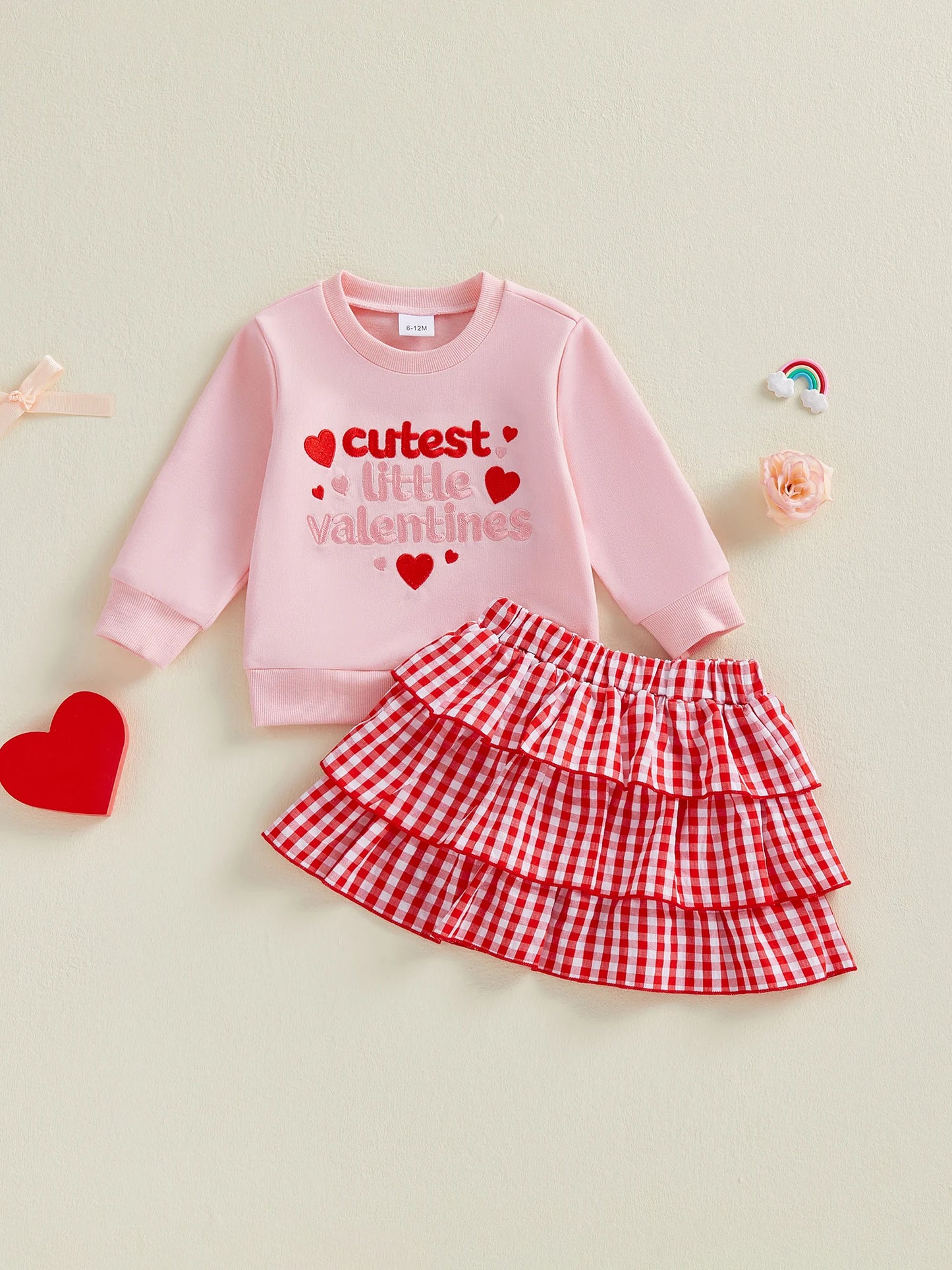 Valentine s Day Girls 2 Piece Outfits Heart Print Long Sleeve Crew Neck Tops and Ruffle Hem