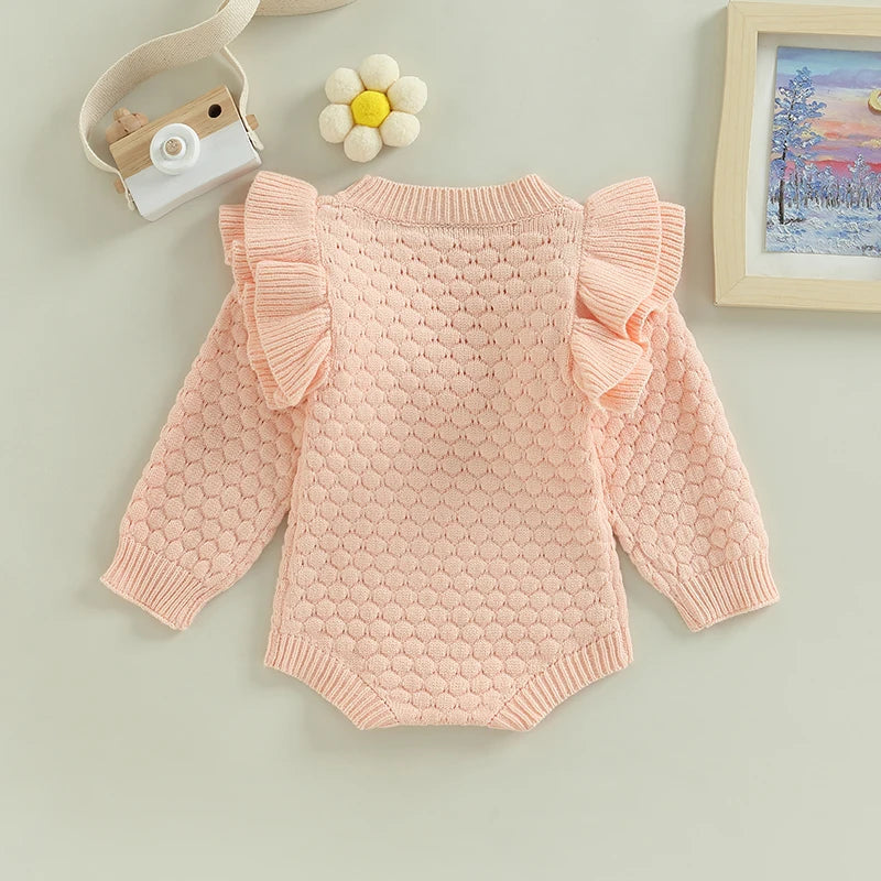 Adorable Baby Girls Knitted Ruffle Romper with Long Sleeves Solid Color