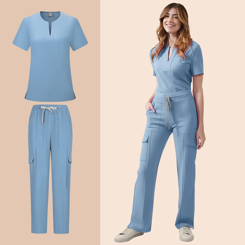 Medical Scrubs Uniform Women Nurse Scrub Set Pocket Top+Pants 2 Piece Suit