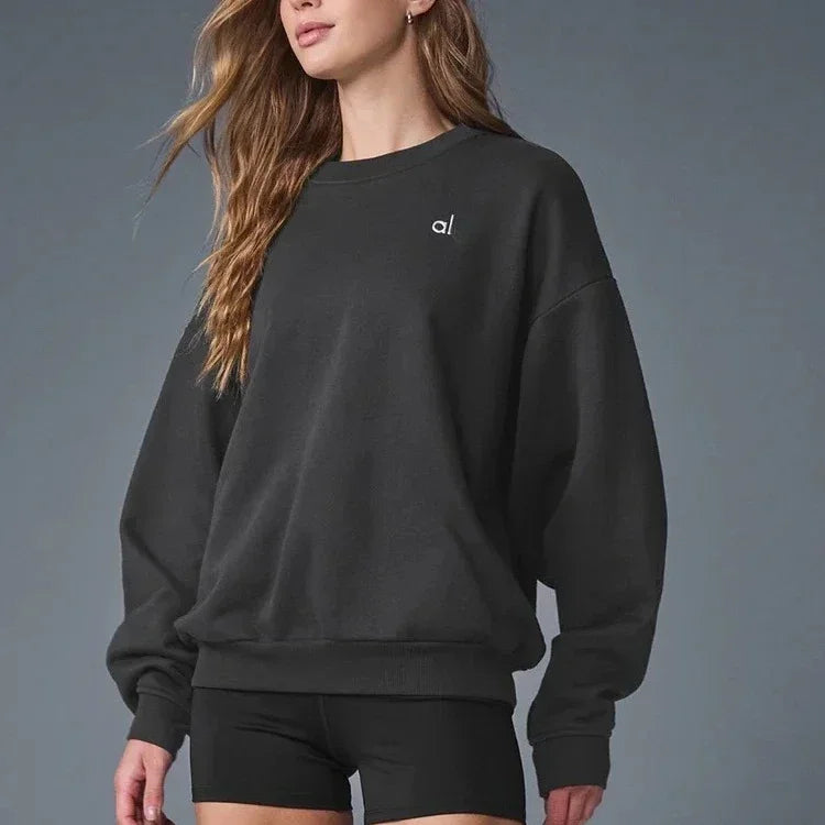 Long-sleeved Pullover Women Black Sports O-neck Korean Oversized Hoodie Tops