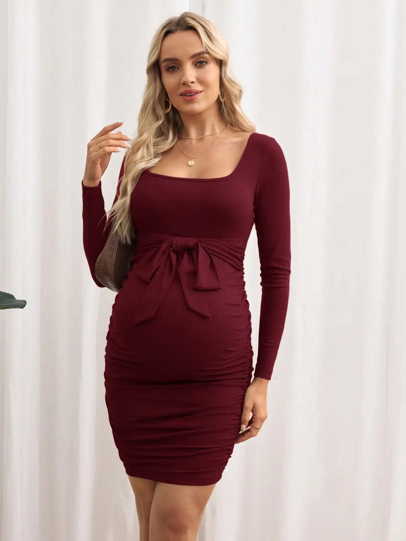 Maternity Solid Color V-Neck Long Sleeve Tie Waist Fitted Dress Burgundy