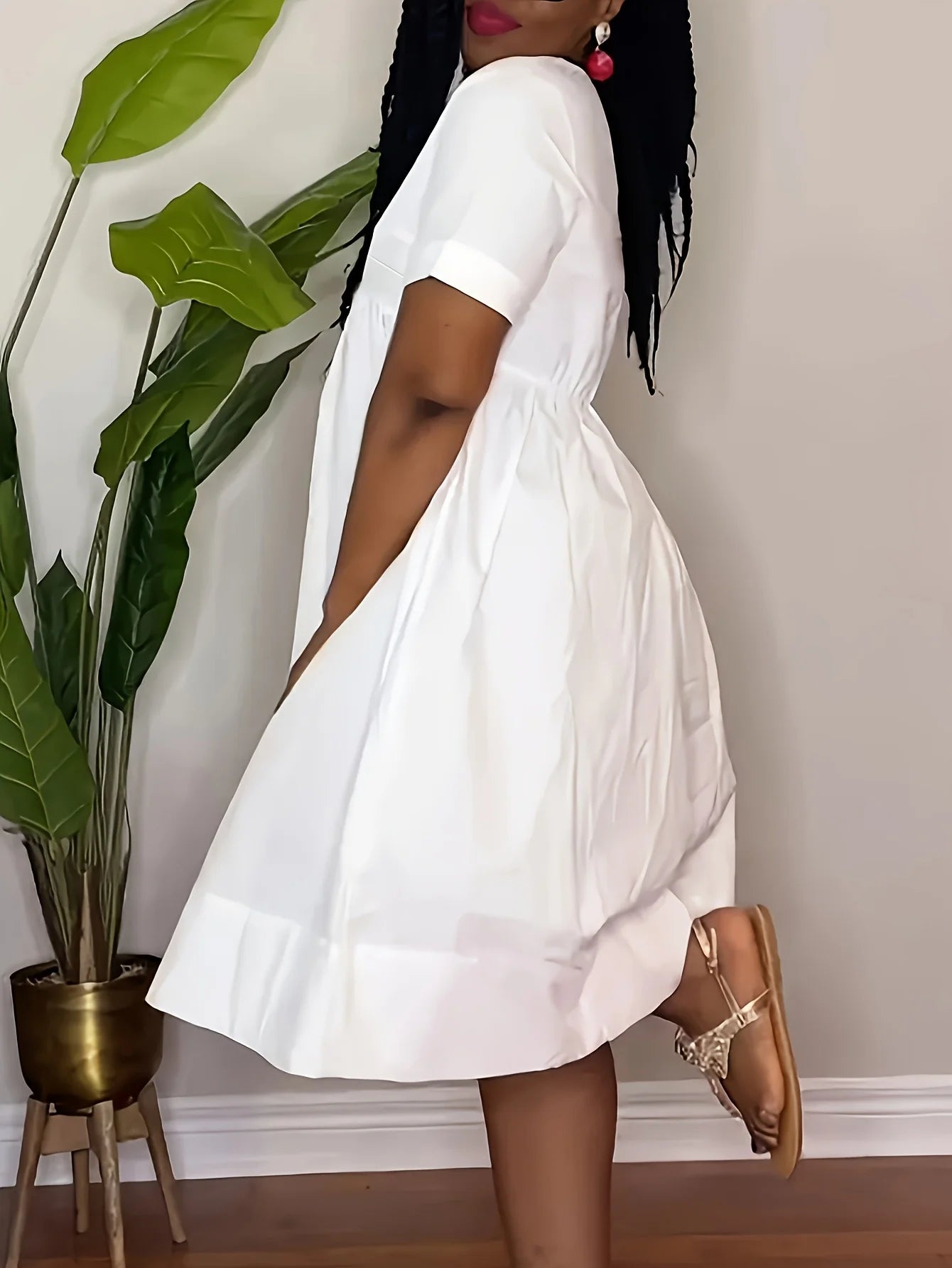 Casual Short Sleeve V Neck A Line Shirt Dress Polyester