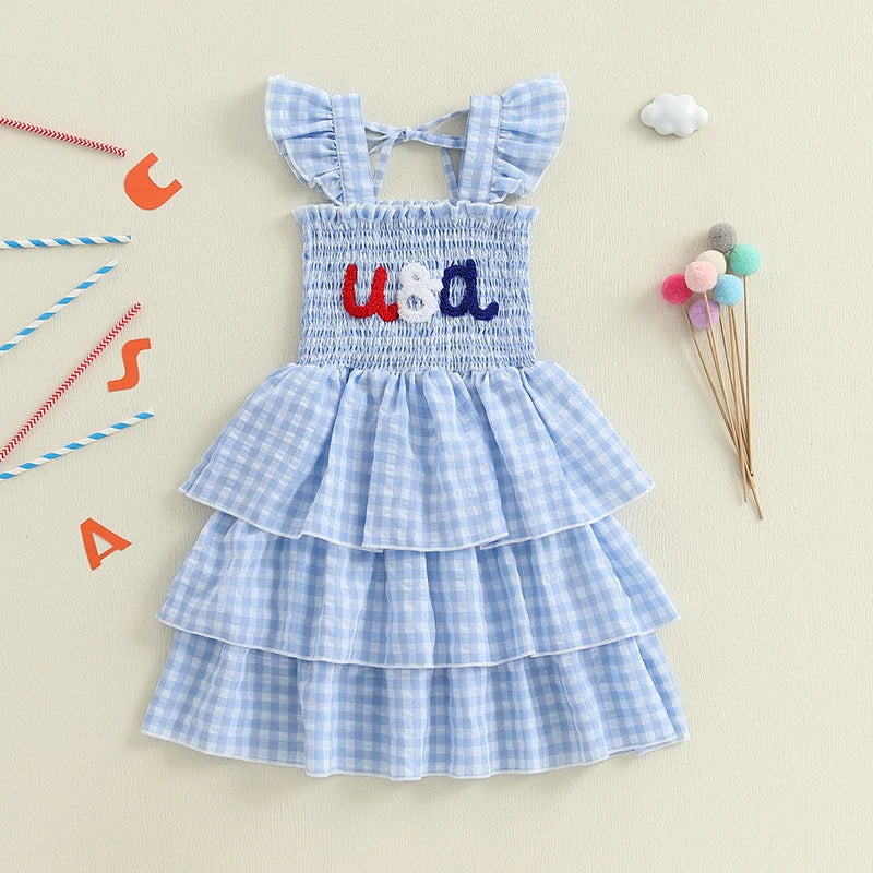 Independence Day Plaid Dress with Embroidered Stars and Stripes Smocked Flying Sleeve