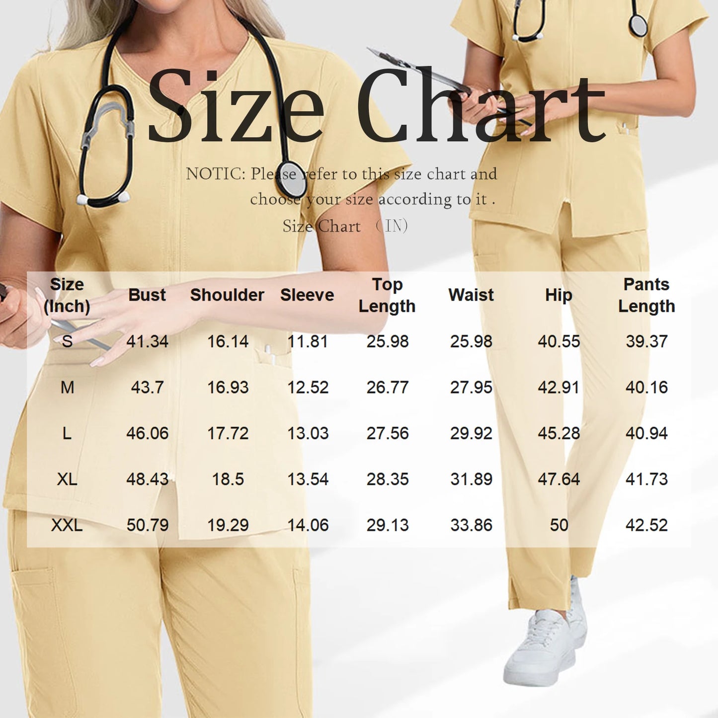 Scrub Set V-Neck Short Sleeve Zipper Multi-Pocket Solid Color Medical Uniform