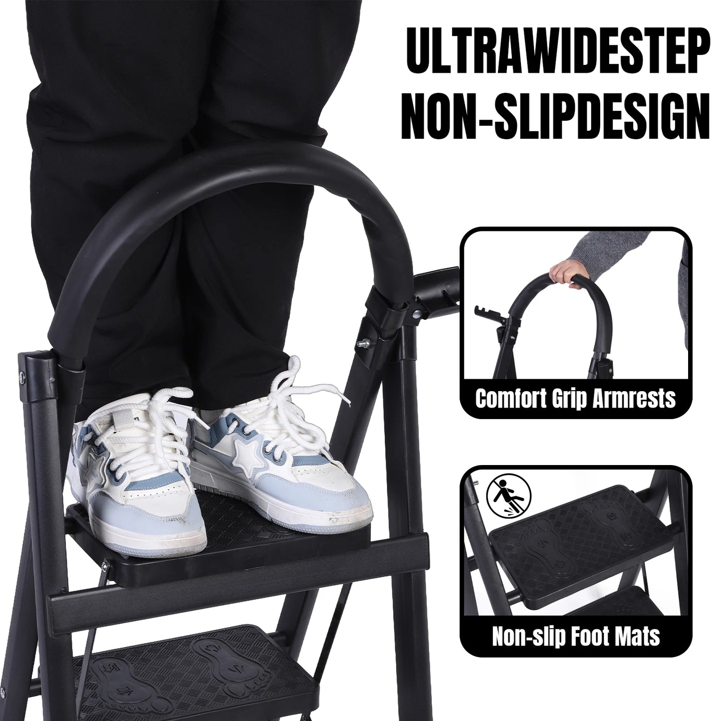 3 Step Folding Ladder Sturdy Portable Stepping Stools 330lbs Capacity