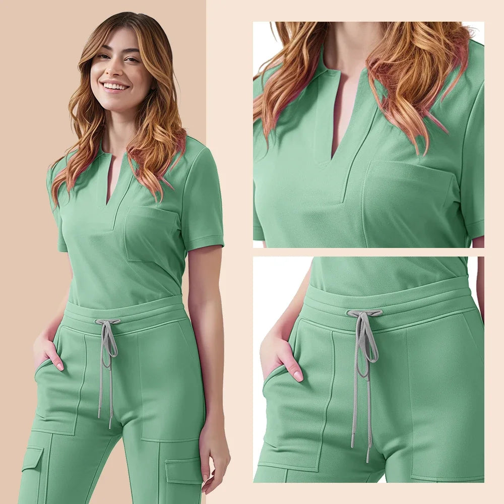 Medical Scrubs Uniform Women Nurse Scrub Set Pocket Top+Pants 2 Piece Suit